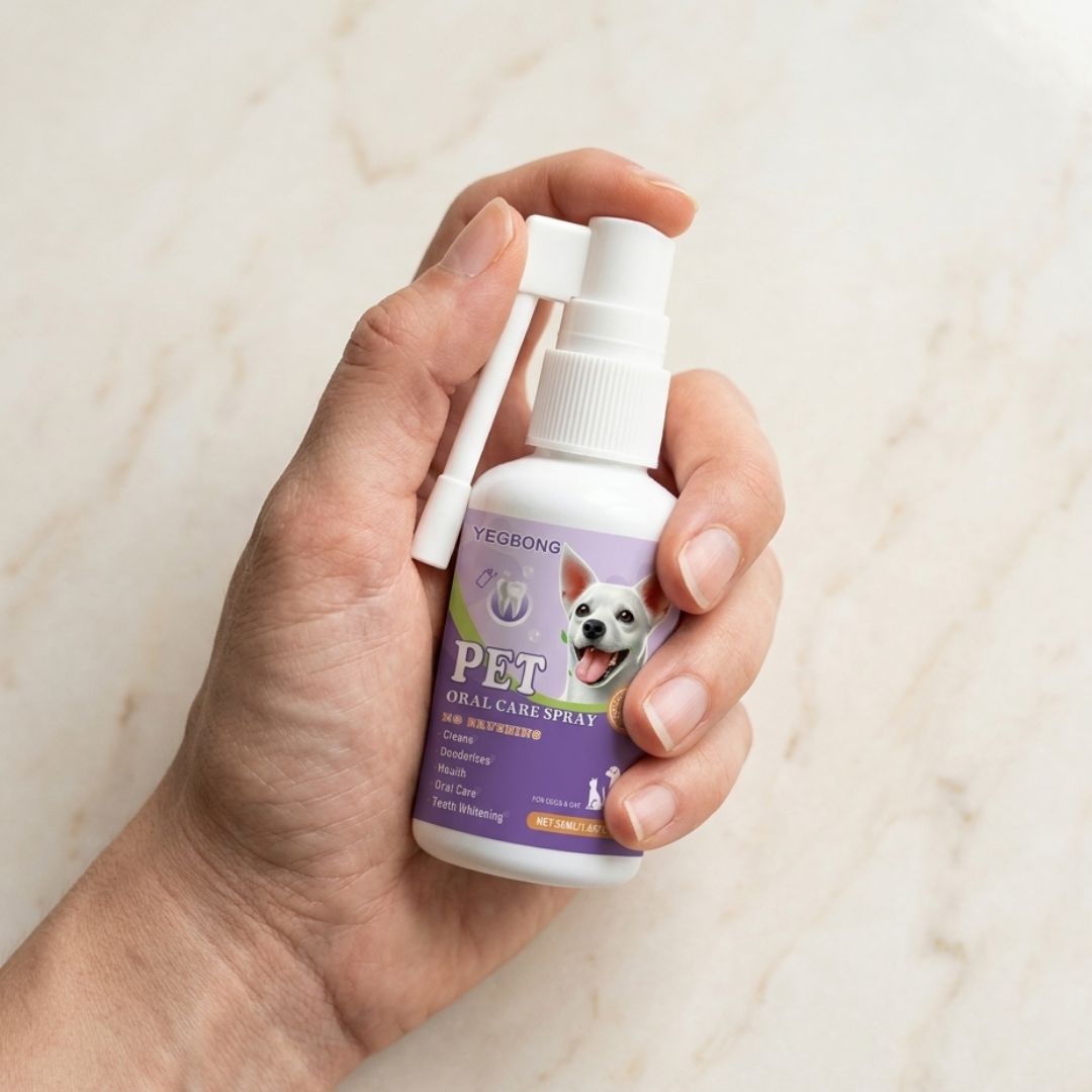 Dog dental spray 50ml bottle size — fits in one hand