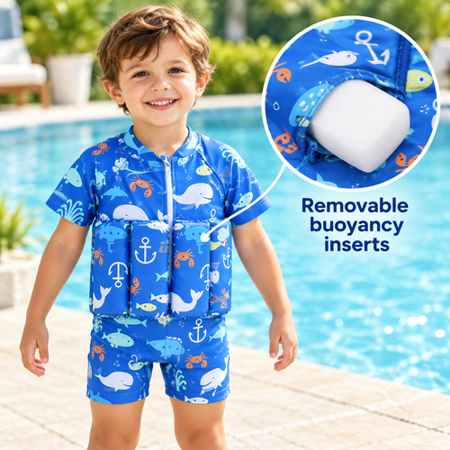 Child wearing a blue Little Splash Floatsuit beside a close-up of a removable buoyancy insert.