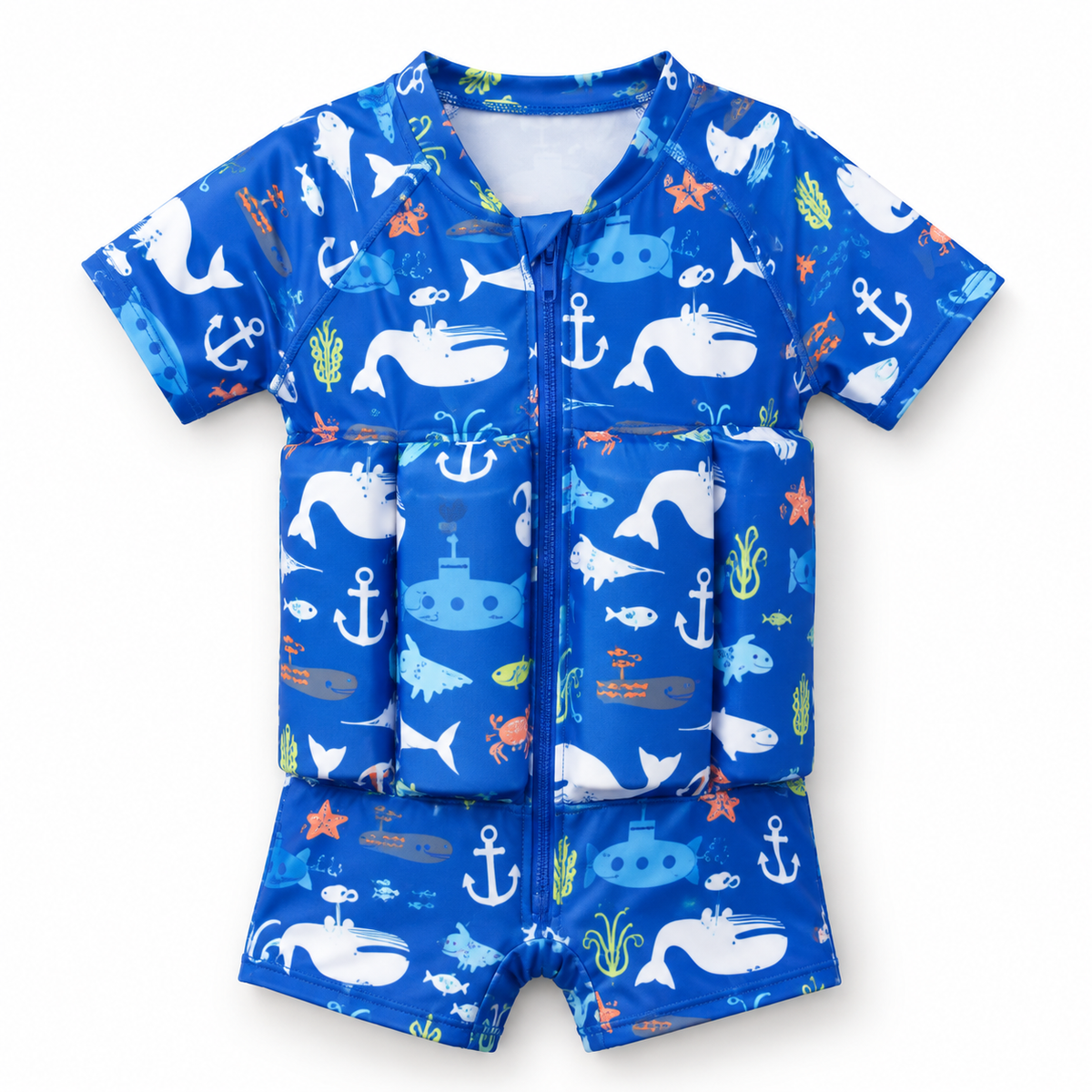 Blue short-sleeved Floatsuit with ocean print on a white background.