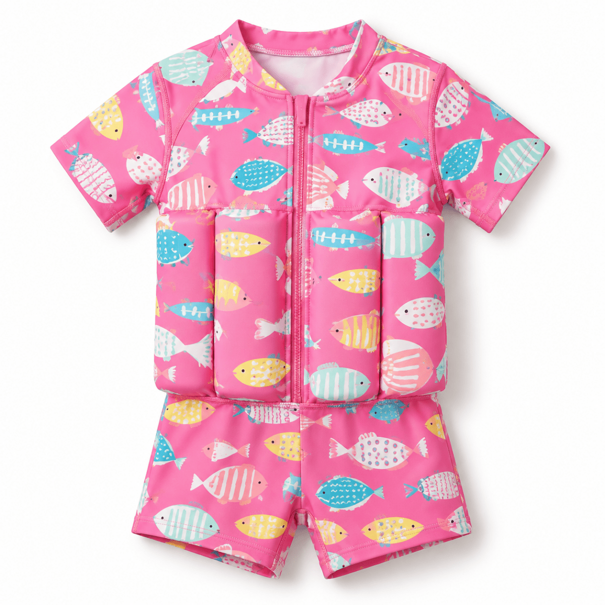 Pink Little Splash Floatsuit, front view on a white background.