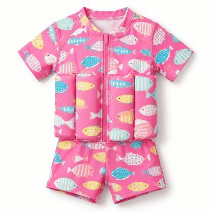 Pink Little Splash Floatsuit, front view on a white background.