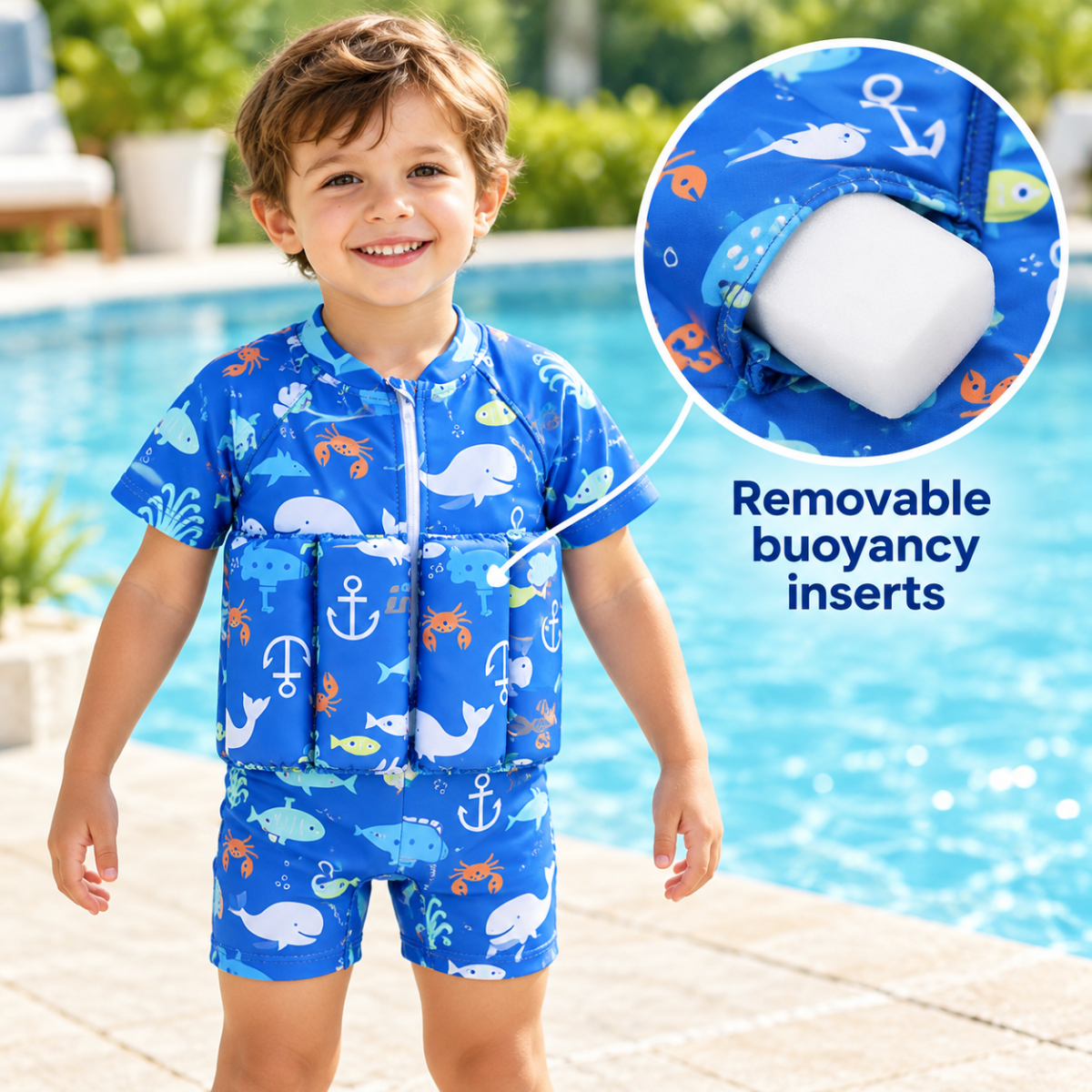 Child in the blue Little Splash Floatsuit beside a pool, with a close-up showing a removable white buoyancy insert.