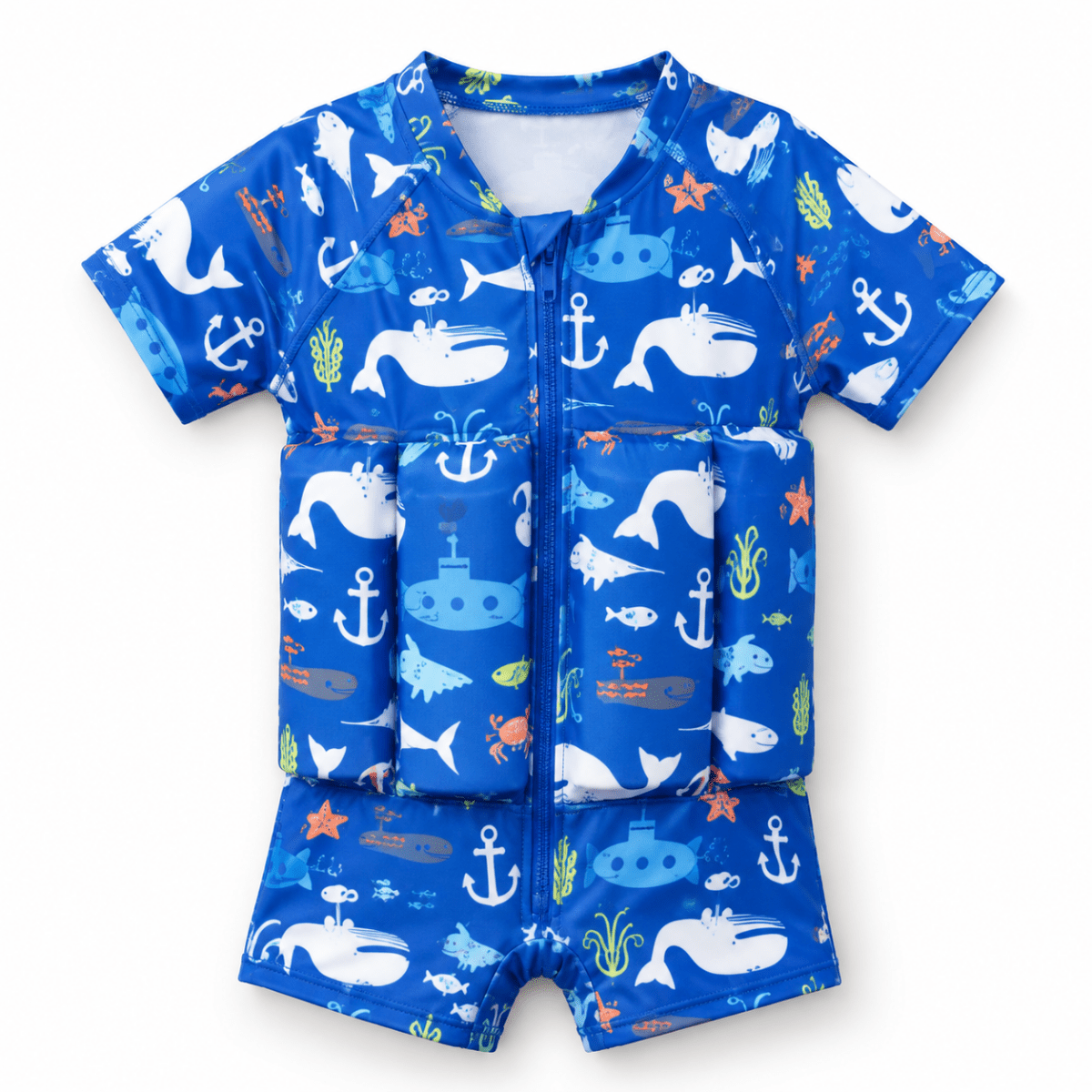 Blue Little Splash Floatsuit, front view on a white background.