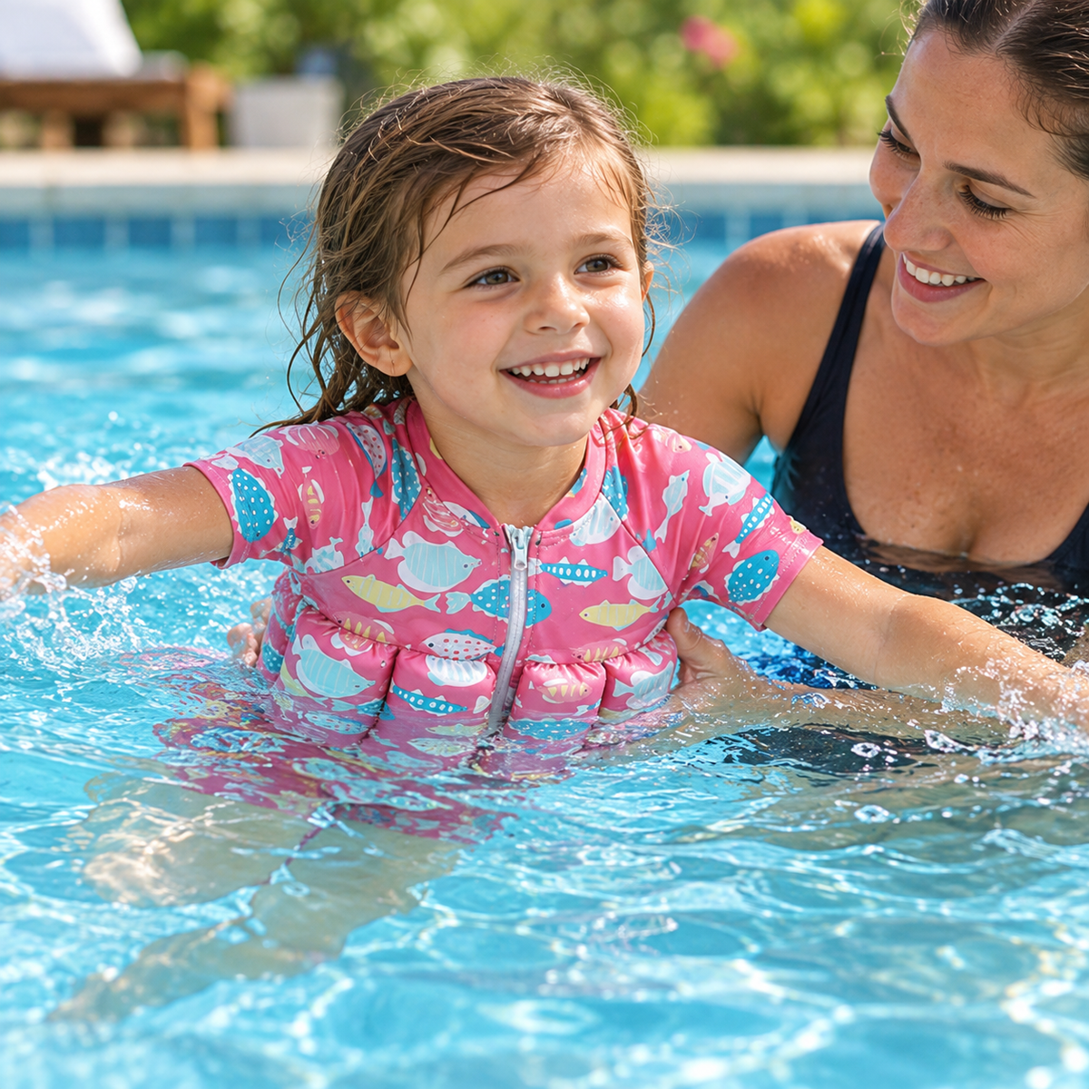 Mother supporting a girl in a pink Little Splash Floatsuit in the pool.