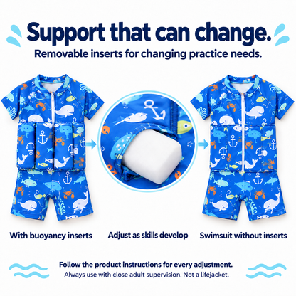 Floatsuit with buoyancy inserts, a removable insert close-up and the suit with empty pockets.